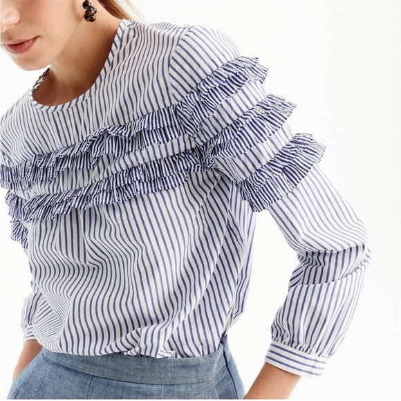 J. Crew Tops - J.Crew Tiered Top Poplin in Mixed Stripes Brunswick Blue Ruffle Sleeves Size 10